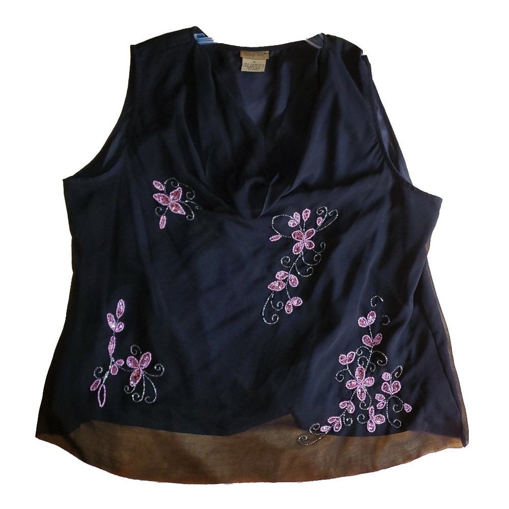 Midnight Velvet Sleeveless Black Scoop Neck Beaded Floral Blouse, Size 2x Fair